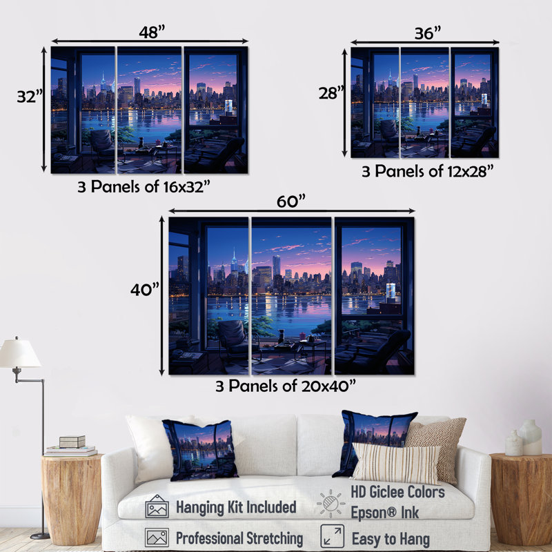 «Blue NYC At Night Window View III - New York City», art mural, Toile tendue, H 28 po x l 36 po