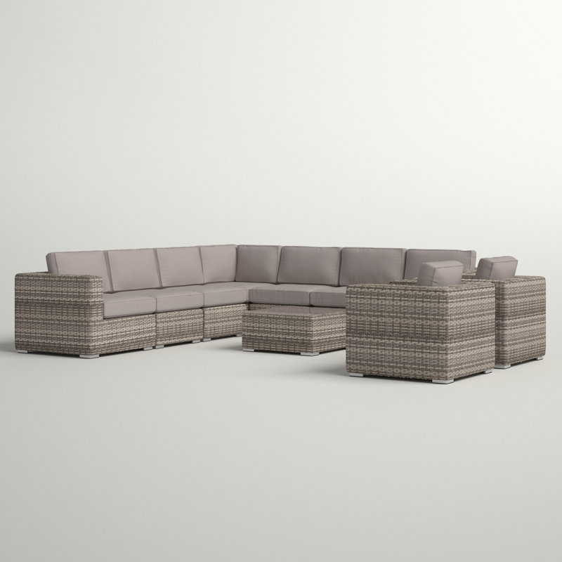 Hepscott Wicker Fully Assembled 8 - Person Seating Group with Sunbrella Cushions, Gray, Dark Brown