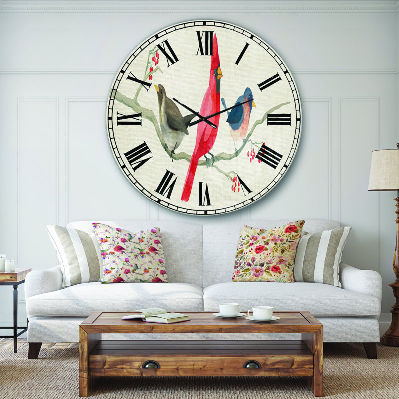 Oiseau de ferme rouge sur une branche - horloge murale, Surdimensionné