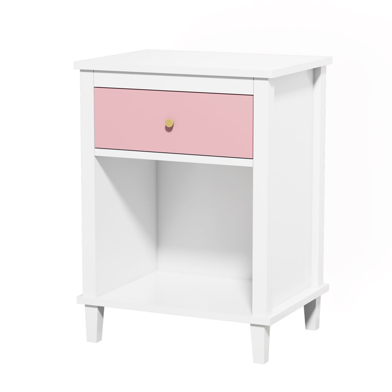 Table de chevet avec tiroir et tablette ouverte, table d'appoint en bois avec poignée dorée, idéale pour la chambre à coucher, la chambre d'enfant ou le salon.