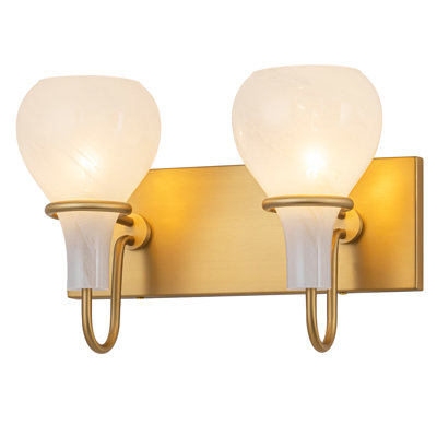 Modern Brass 2-Light Bathroom Vanity Light With Cloud Glass Shades, 13.5" Mid Century Janni Up/Down Mount, Gold Art Deco Light Fixture For Mirror Cabinet, ETL UL Listed
