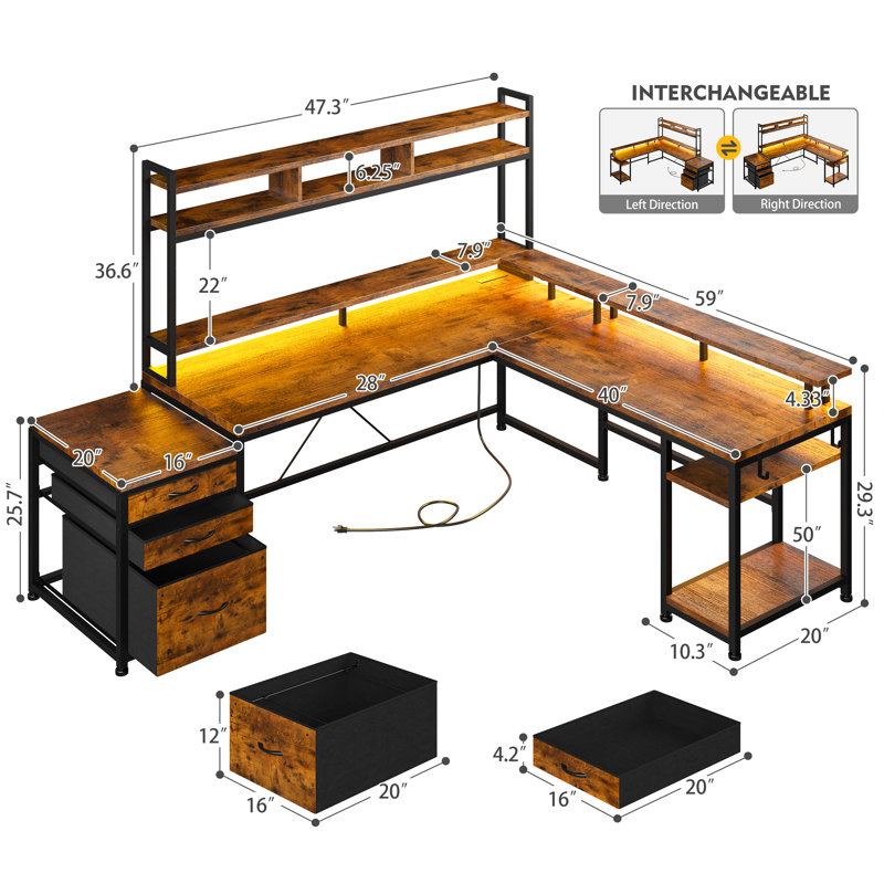 Mobean L-Shaped Computer Desk with Power Outlet, Rustic Brown/Black