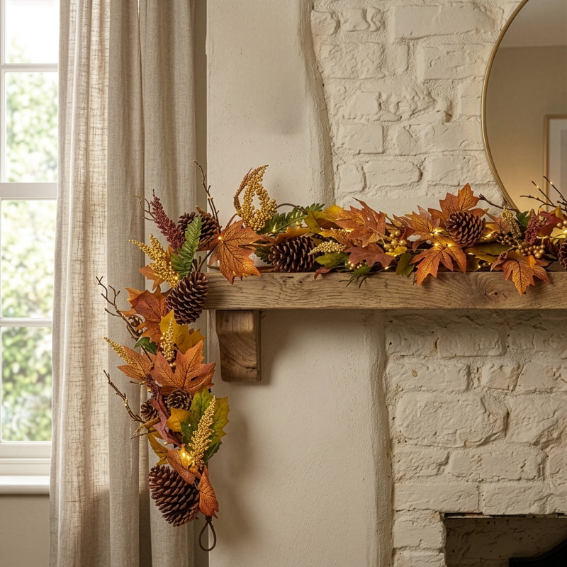 RUSTIC WOODLAND - 6ft x 10" Autumn Garland with Warm White LED Microbulbs  