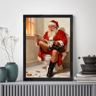 Black Framed Vintage Santa Claus reading newspapers on the bathroom toilet for Christmas fun Wall Art Hyper realistic oil painting Style Framed Prints