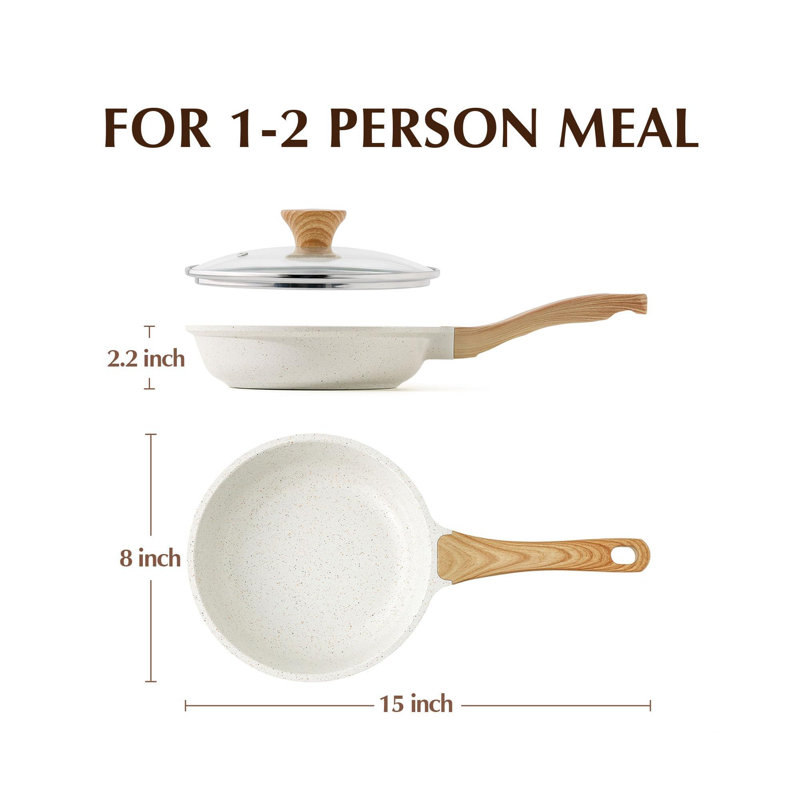 White Ceramic Nonstick Frying Pan with Lid and Woodgrain Handle