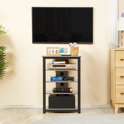 Meuble télé, meuble audio-vidéo, tour audio d'angle avec tablettes de rangement et structure en acier, rangement dans le salon, gris