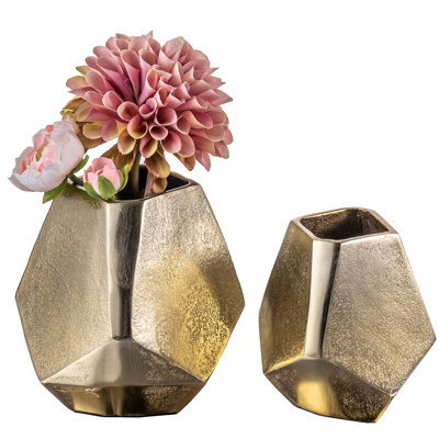 2 Pieces Crombach Gold Brass Metal Table Vase Set