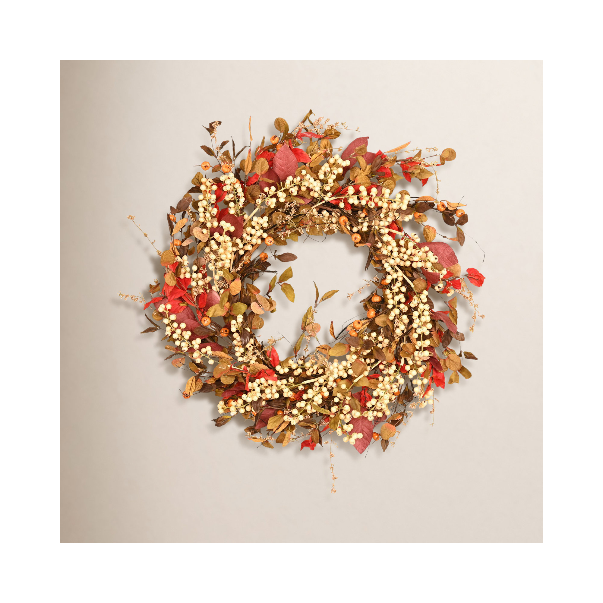 Artificial Farmhouse Blossom Cluster Foliage Berry Thanksgiving Fall Wreath For Front Door, Orange, 26" W x 26" H x 5" D