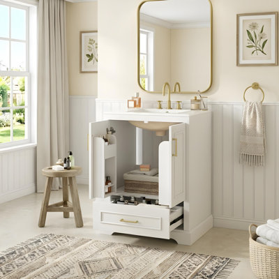 Meuble-lavabo de salle de bain avec lavabo en céramique, tiroirs compartimentés, portes à fermeture en douceur et tablette d'armoire