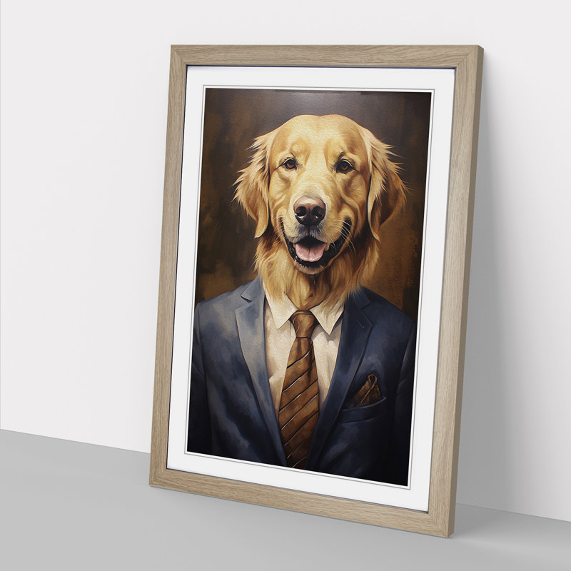 Golden Retriever in a Suit Painting - Framed Print, Oak Framed, 34cm H x 25cm W