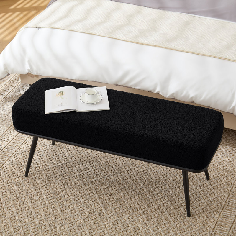 43.3"W Modern Upholstered Bench with Metal Frame and Teddy Fabric, Black