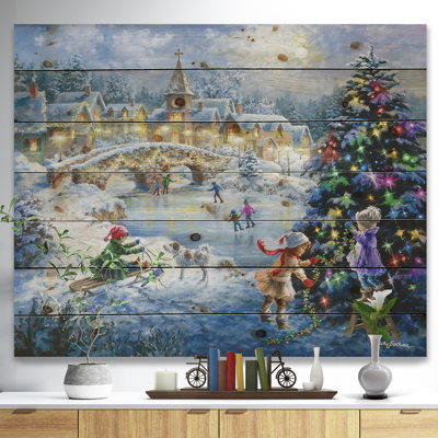 «Christmas Tree Decorating Sledding Children» - reproduction d'art