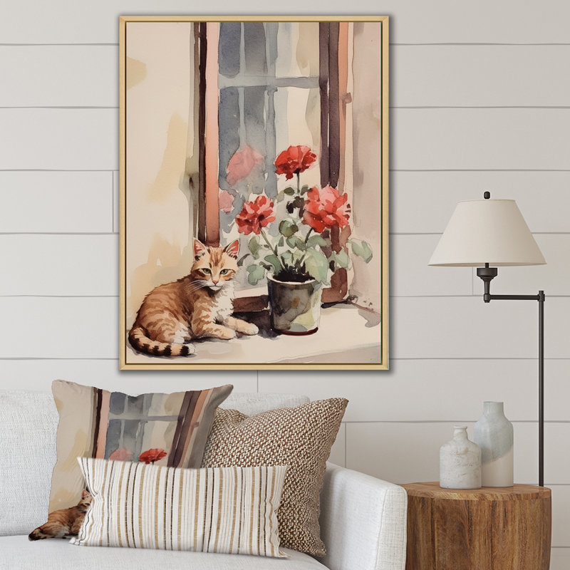 Décoration murale chat orange assis sur une fenêtre, H 32 po x l 16 po x P 1 po, Cadre naturel flottant