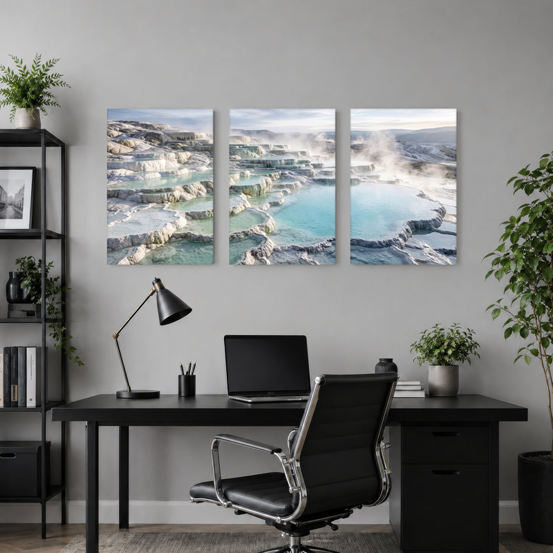 Ensemble de 3 toiles à vapeur sur fond blanc avec eau turquoise, H 30 po x l 20 po x 3 pièces