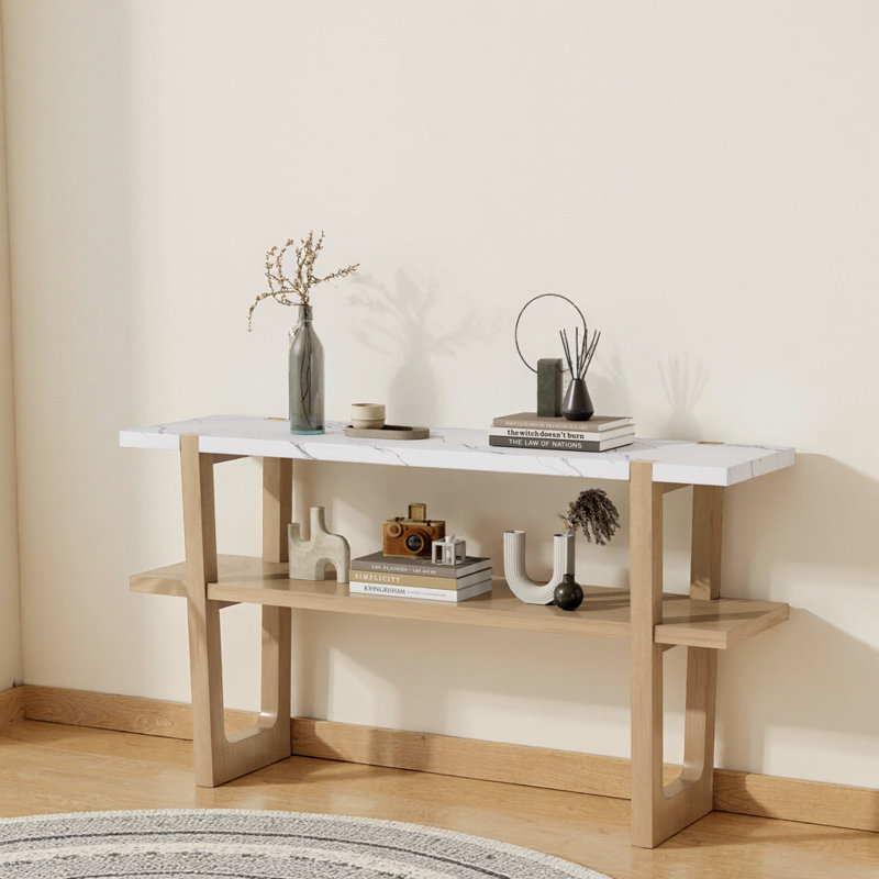Console étroite avec plateau en marbre, table de hall d'entrée rétro avec tablette ouverte pour le couloir et le salon
