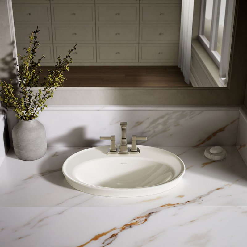 Serif Ceramic Oval Drop-In Bathroom Sink with Overflow, Biscuit, 4'' Centerset