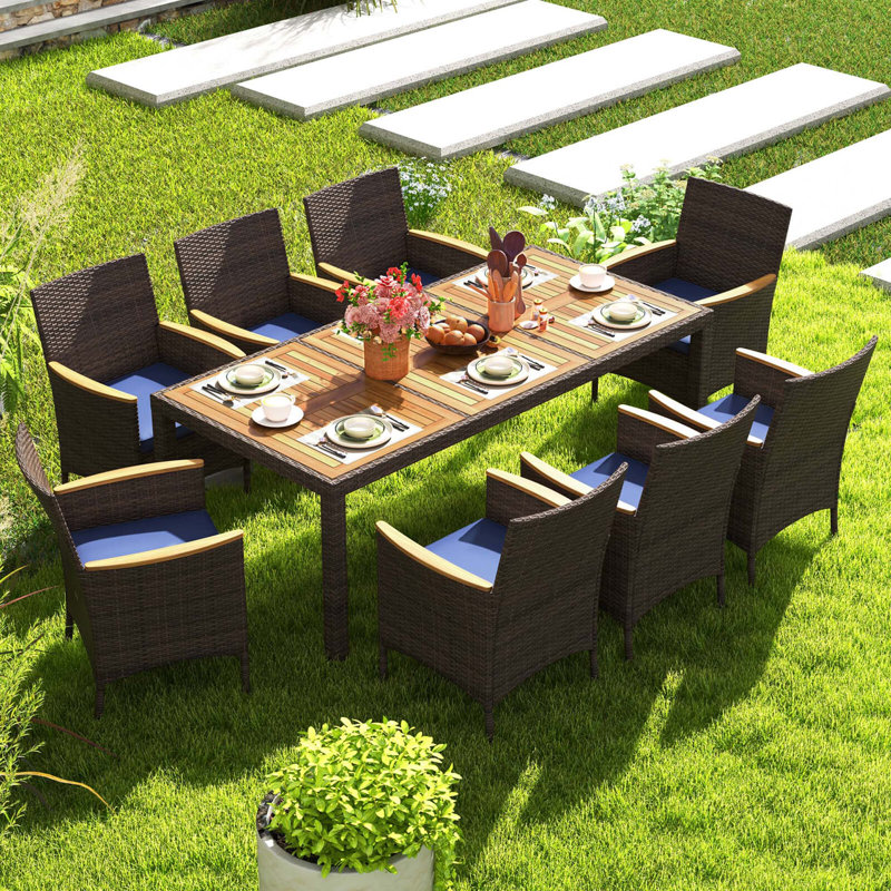 9 Pcs Outdoor Dining Set With Acacia Wood Table Top Patio Dining Set For 8 People, Navy