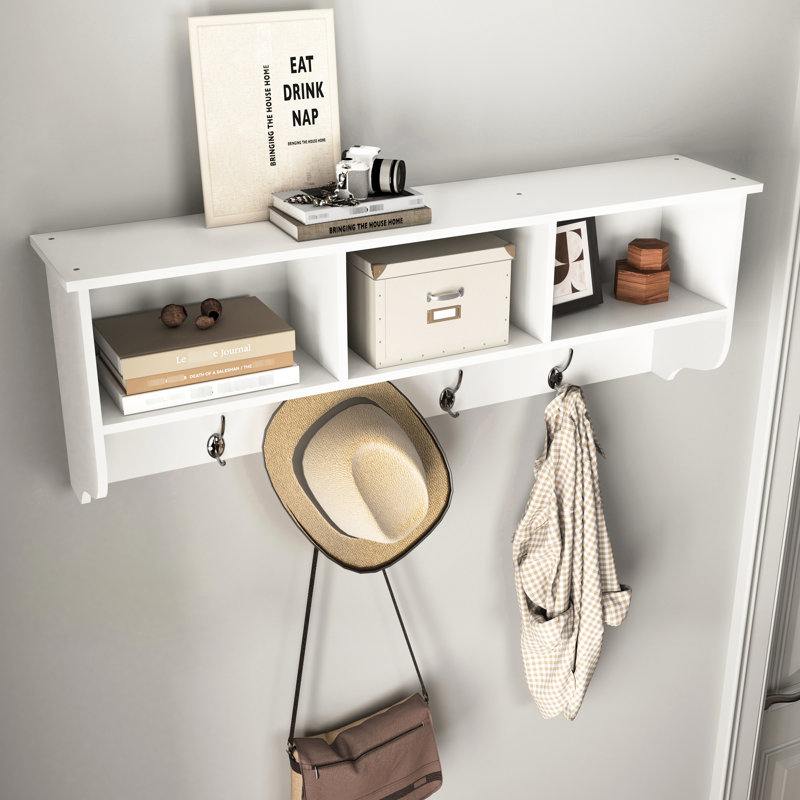 Portemanteau blanc avec 4 crochets et une étagère de rangement pratique en bois