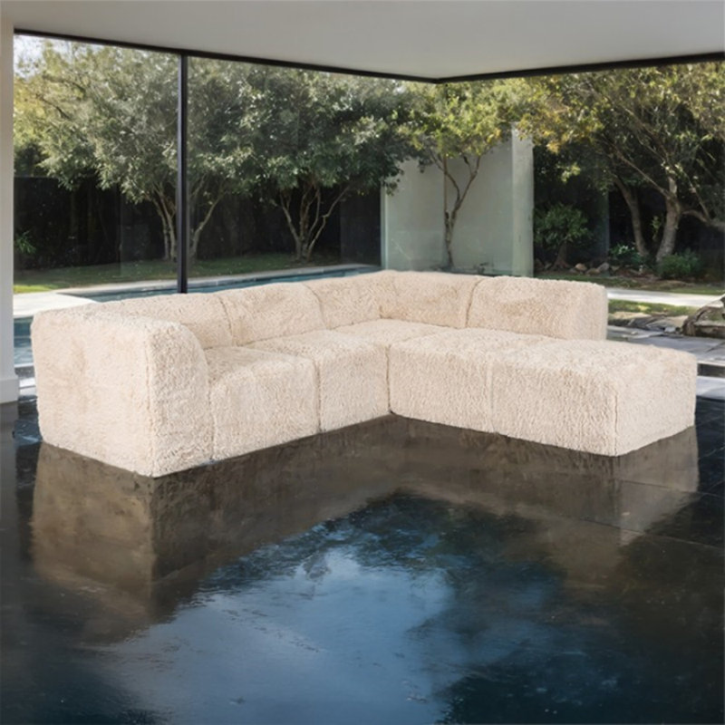 Canapé modulaire en L 5 pièces Buehler, Fausse fourrure sable