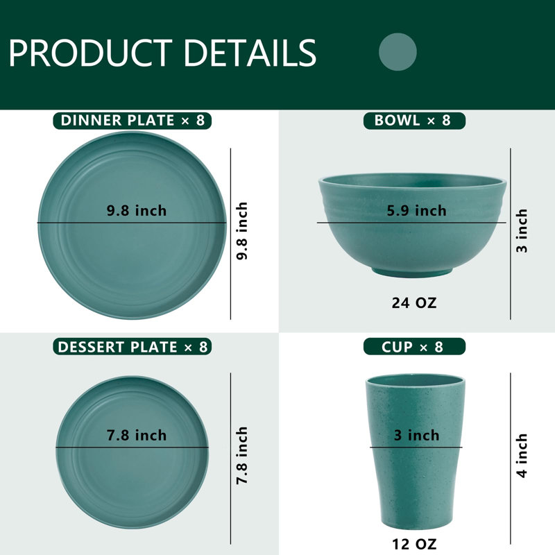 Dark Green Wheat Straw Unbreakable Dinnerware Set for 8