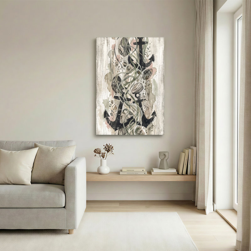 «Black Anchor Silhouettes» et coquillages sur toile de bois blanchie, H 36 po x l 24 po