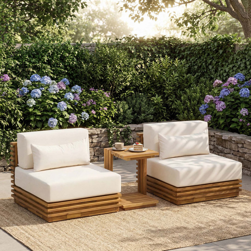 Oversized Outdoor Acacia Wood Frame 3-Piece Chat Set - Two Club Chairs And Side Table