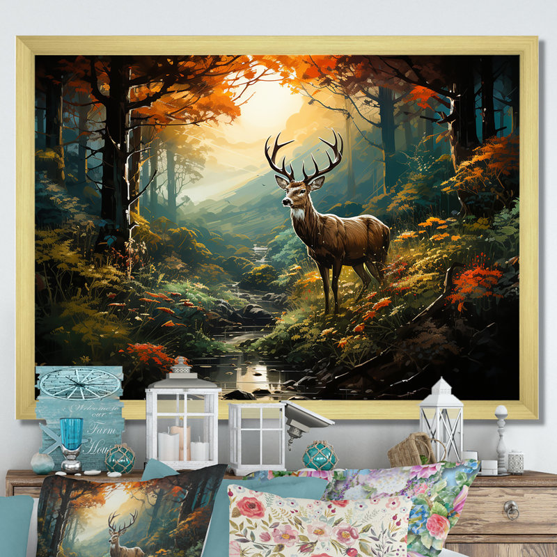 Vert et brun, cerf dans la forêt, impression d'art animalier mural, Cadre doré à coins fermés, H 34 po x l 44 po x P 1,5 po