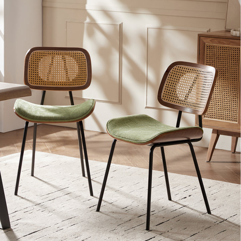 Pateley Mid-Century Modern Dining Chair with Rattan Backrest(Set of 2), Green