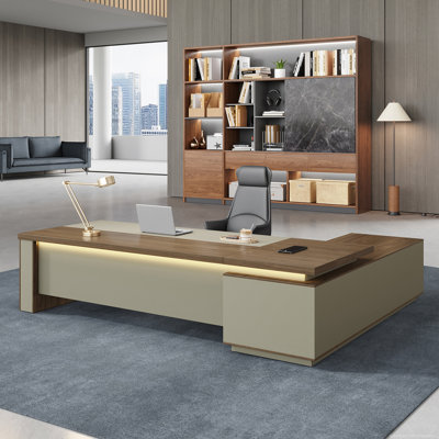 Bureau de direction ergonomique luxueux en L avec rangement intégré et gestion de l'alimentation