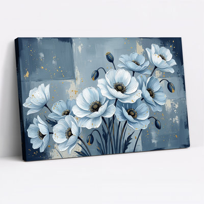 Tableau sur toile représentant des coquelicots bleus aux reflets dorés sur fond gris texturé