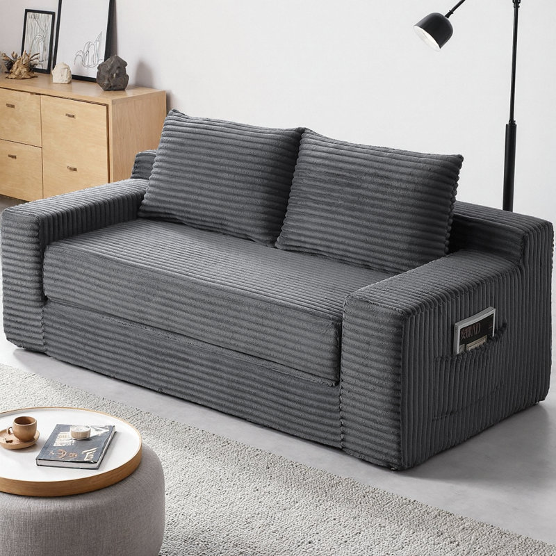 Canapé-lit convertible 2 places avec pochette de rangement, canapé-lit pliant 3D, Gris, 32.53" H x 73.02" W x 35.12" D