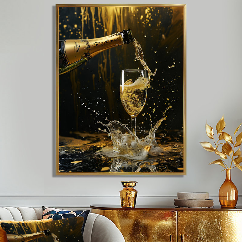 Fashion Bubble Celebration I - décoration murale vin et champagne, Toile avec cadre flottant or, H 32 po x l 24 po x P 1 po