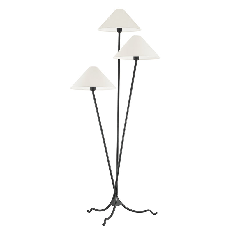 Forged Iron Tripod Floor Lamp with Off-White Linen Shades