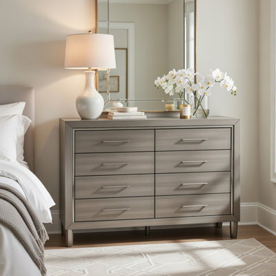 Levy 64 Inch Wide Dresser, 8 Drawers, Silver Trim, Ash Gray Laminate Wood