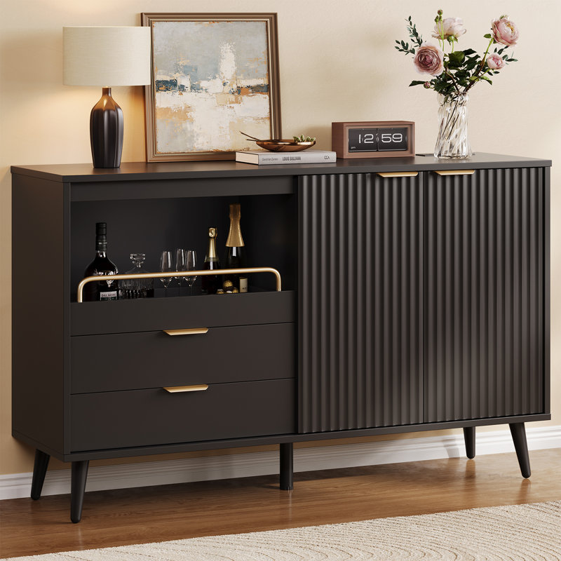 Armoire de bar moderne de 55 po avec tablettes réglables, buffet avec porte-verres à vin et support à vin, Noir