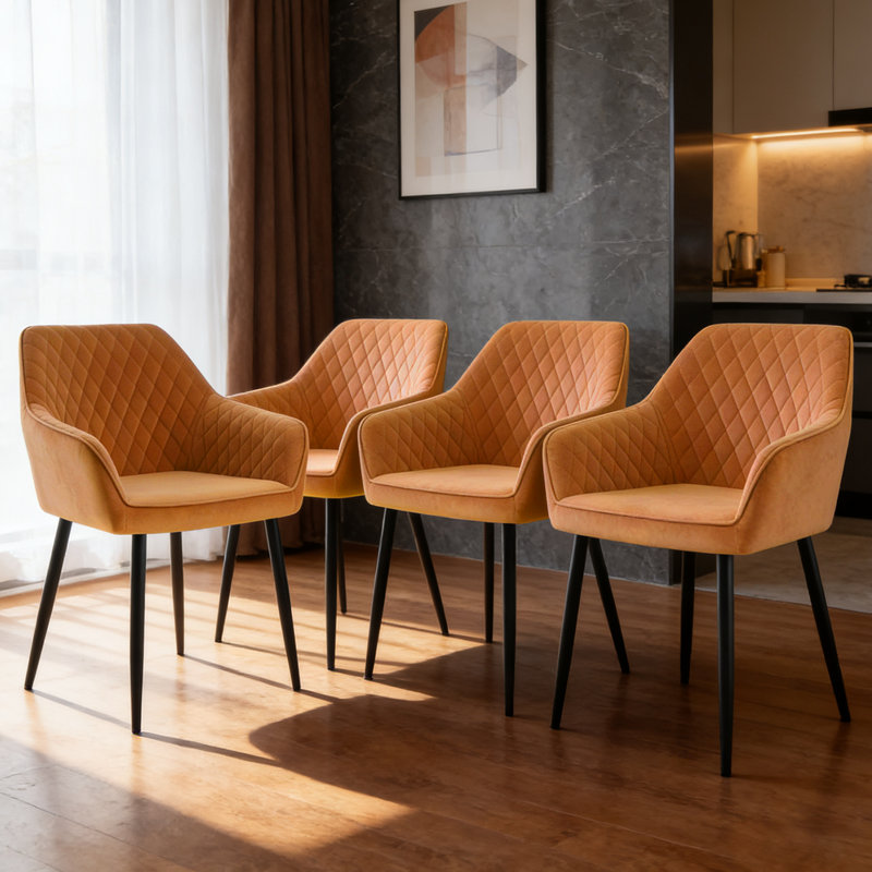 Velvet Upholstered Dining Chairs With Armrests & Diamond Tufting  , Orange