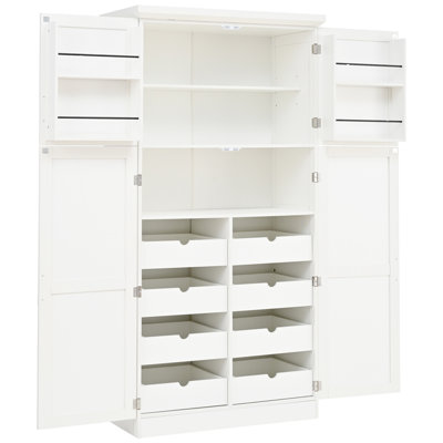 35.5x17.6x70.9inch Freestanding Kitchen Pantry Cabinet, Tall Storage Cabinet with 4 Doors, 2 Door Shelves, 8 Pull-out Trays and Adjustable Shelf for Dining Room, White