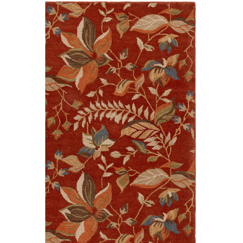Tapis de couleur rouille en laine / coton / latex crocheté à la main à motif floral Emrick, Rectangle 3 pi x 5 pi