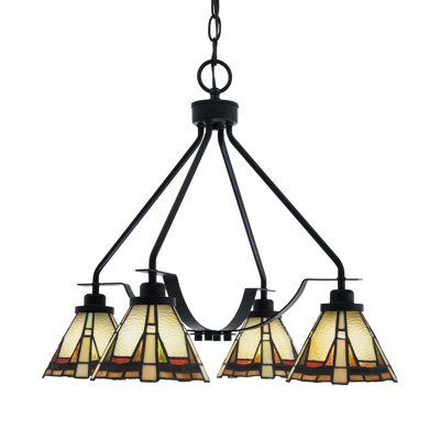 Odyssey Downlight 4 Light Chandelier Shown In Matte Black Finish With 7" Zion Art Glass