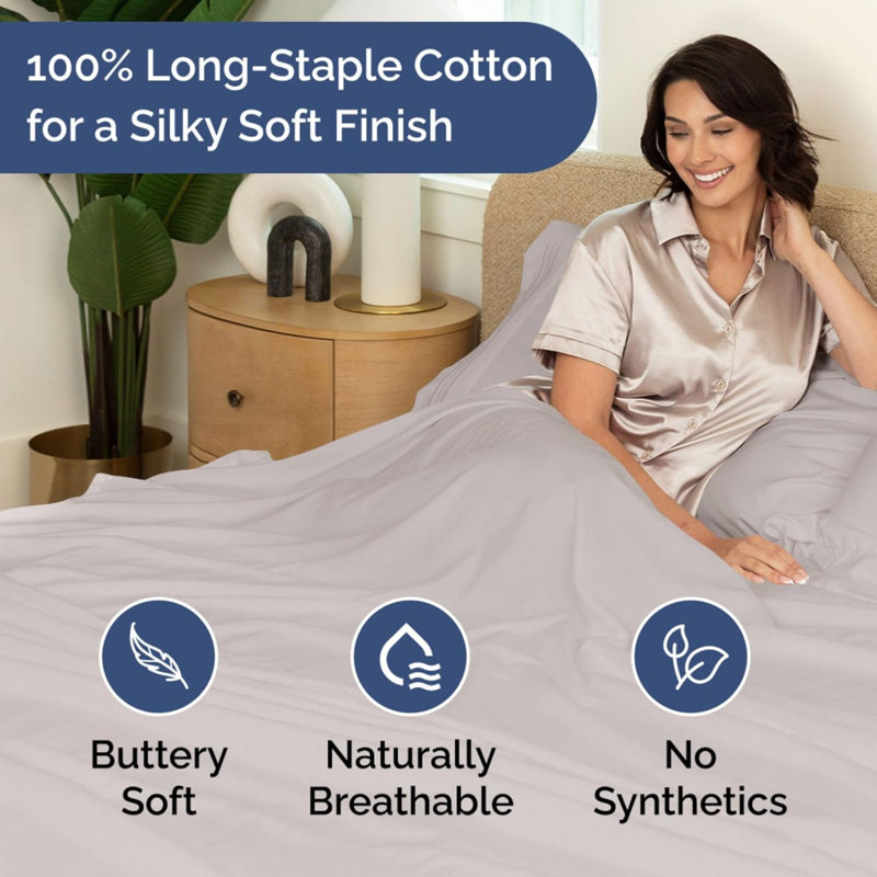 Drap en coton 400 fils - Drap rafraîchissant, respirant et doux, Gris clair, Lit double