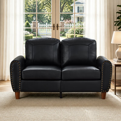 59" Classic Living Room Sofa Loveseat Faux Leather Couch,Rolled Arm Sofa with Nails,Solid Wood Legs,Upholstered Breathable PU Leather Black.