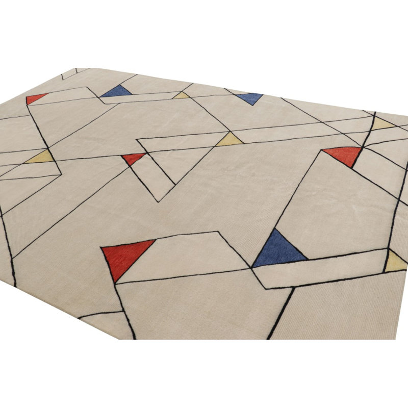 Rug & Kilim’S Mid-Century Modern Rug In Cream With Geometric Patterns, Rectangle 10' x 14'