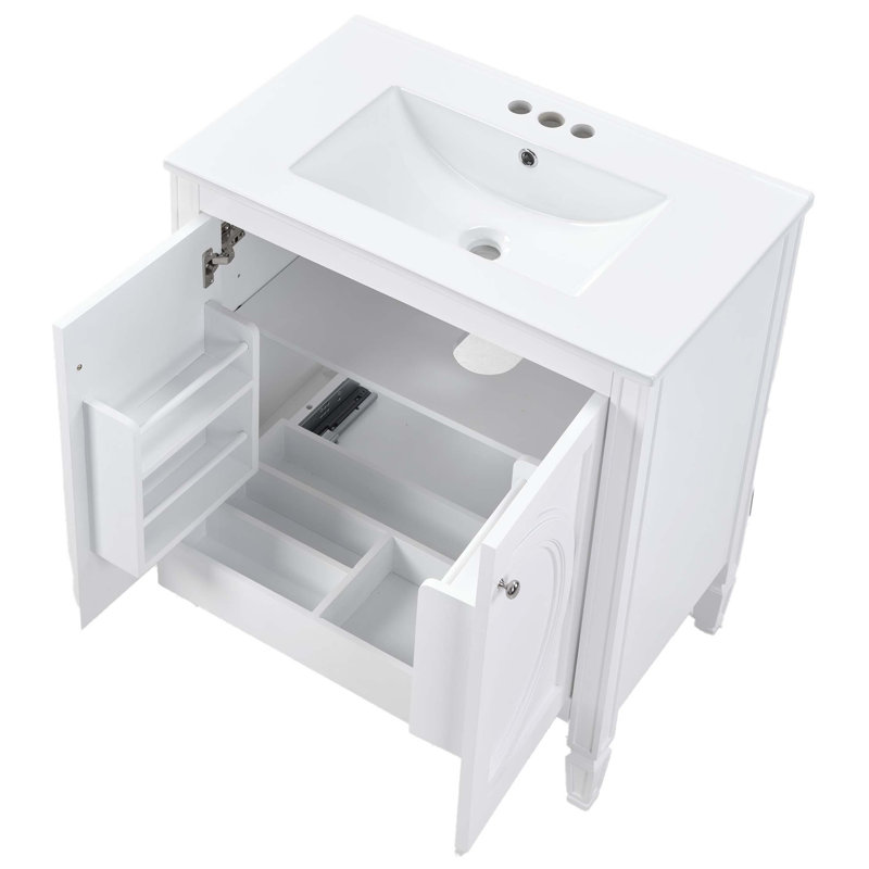 Meuble-lavabo vintage 30 po sans assemblage avec lavabo en céramique, deux portes à fermeture en douceur et tablette réglable, style campagne moderne