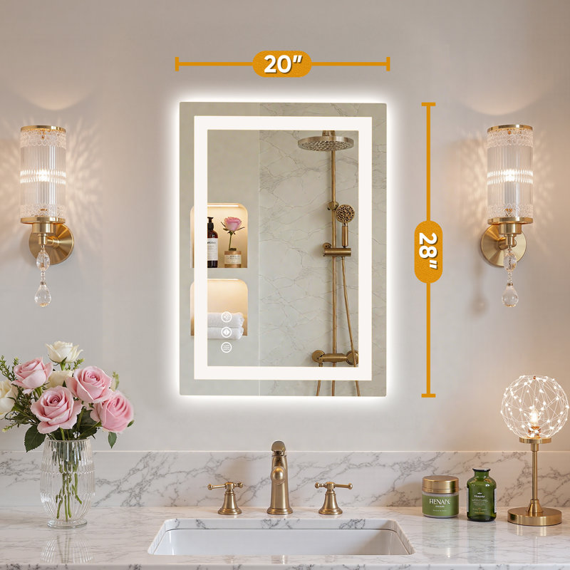 Anti-Fog Dimmable Bathroom LED Vanity Mirror, Rectangular Frontlit＆Backlit Wall Mount Mirror Color Adjustment Shatterproof Tempered Glass