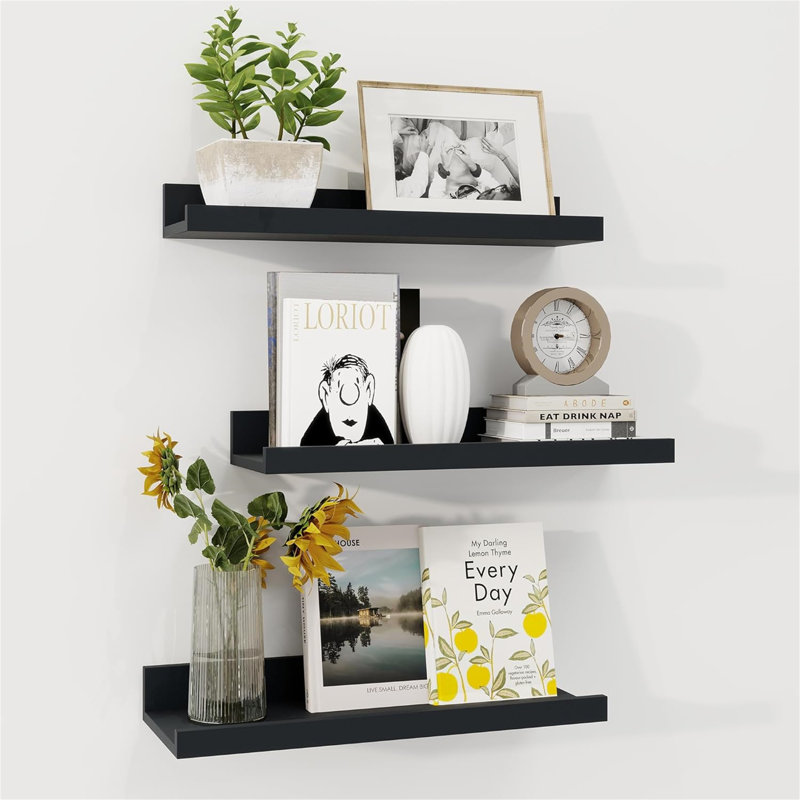 Rustic Floating Shelves Set of 3 with Lip, Picture Ledge Shelf for Nursery, Living Room – Multipurpose Storage Organizer, Bookshelf, & Photo Display Rack Black