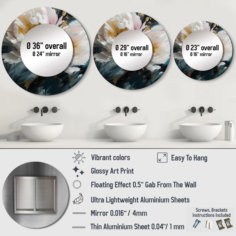 Perrella White Peonies Petals In Bloom II - Peonies Unique Mirror, White Large Round Wall Mirror, Printed Metal Art