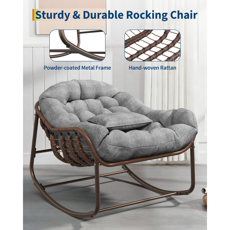 Chaise berçante surdimensionnée en rotin avec coussin blanc épais, siège d'œuf en osier PE brun pour patio extérieur, salon intérieur, véranda, structure en acier durable, gris