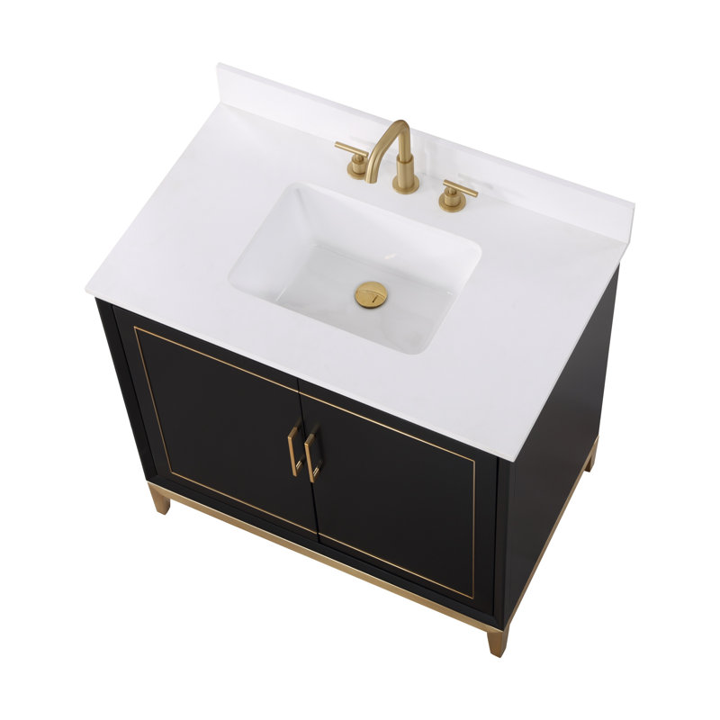 Gracie 36'' W Single Vanity, Midnight Black, White Quartz, Satin Brass