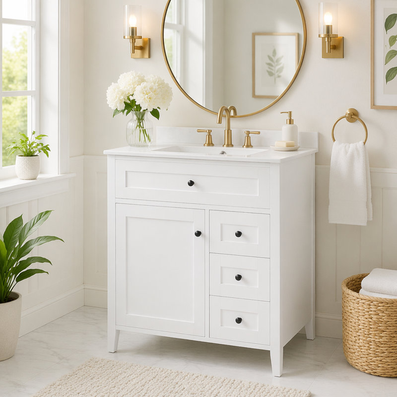 Meuble-lavabo de 30 po avec lavabo et grand rangement, Porte gauche blanche, 30