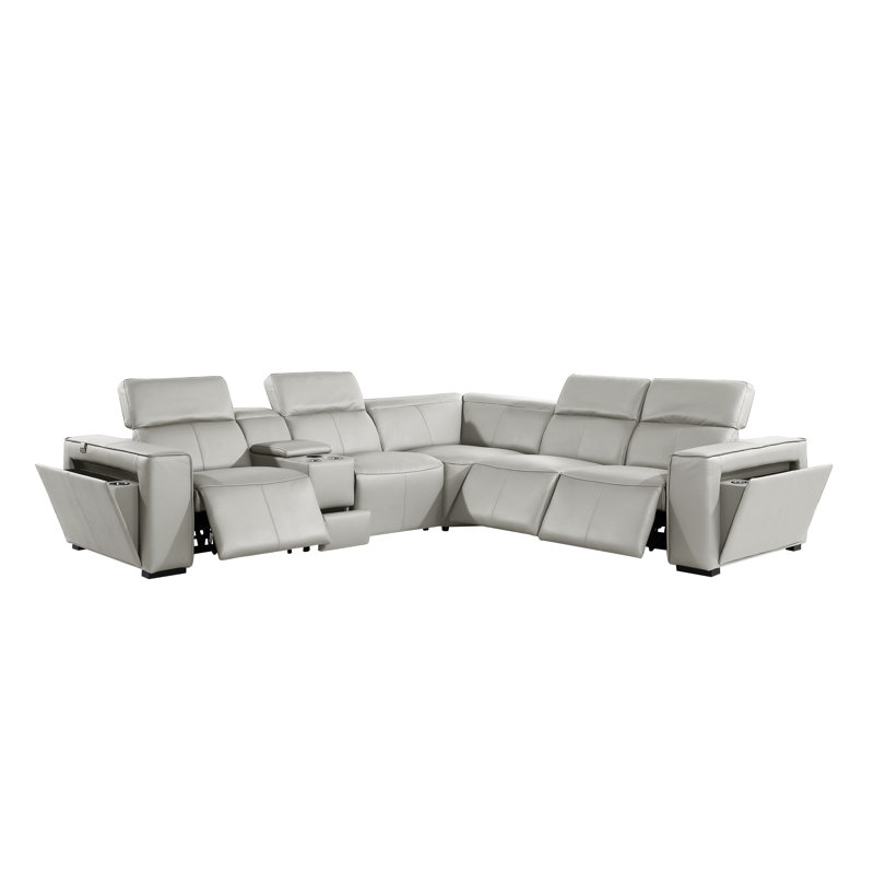 Top Grain Italian Leather 6-Piece L-Shaped Modular Power Reclining Sectional With 3 Power Recliners & Power Headrests
